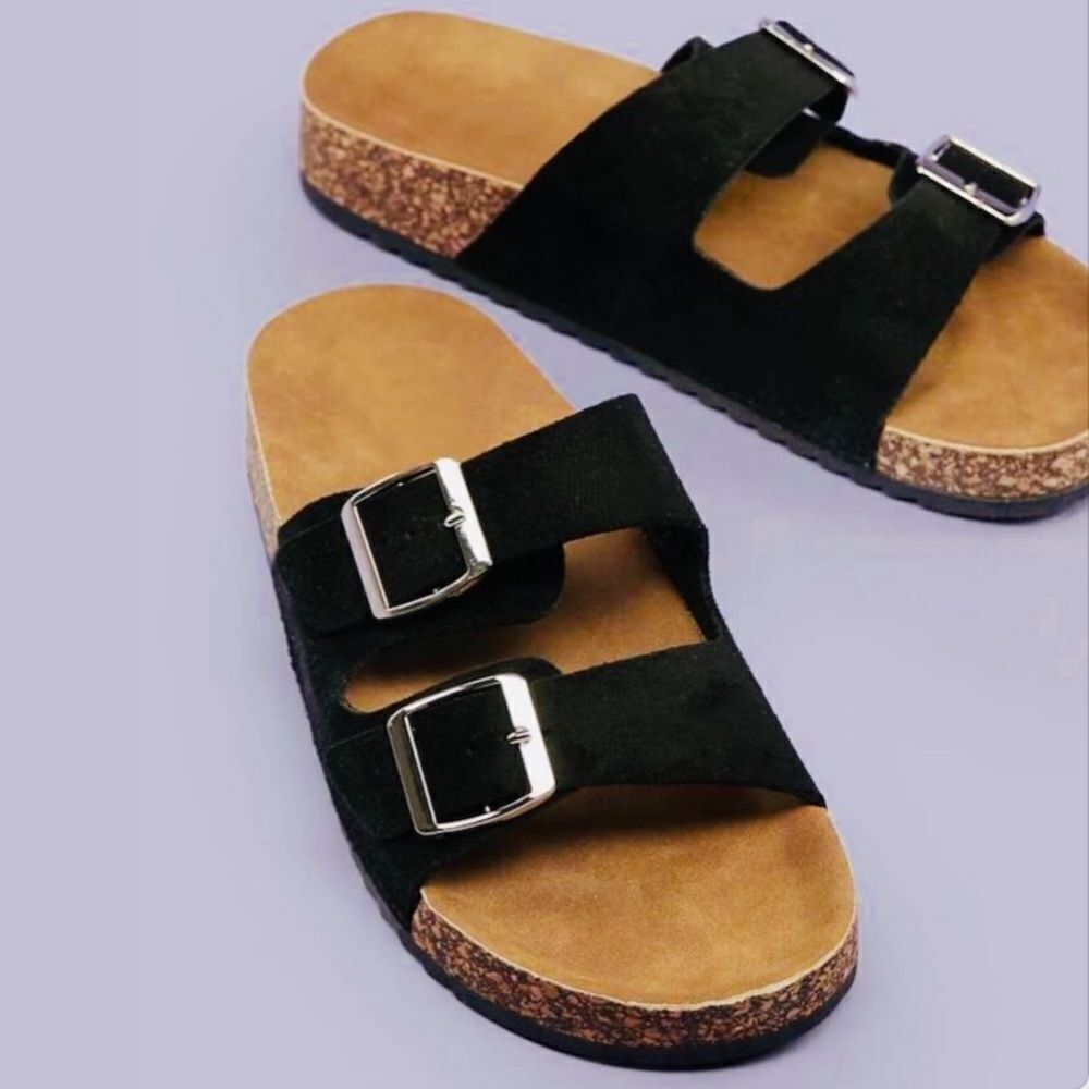 Twin Buckle Band Black Cork Sole Slide Sandals